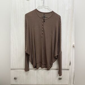 Riff Brown and White Boxy ribbed Long Sleeve Henley top